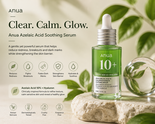 Anua Azelaic Acid Soothing Serum hero image showing Korean skincare treatment for acne, redness relief, hydration and glowing skin at Nuvora Botswana.