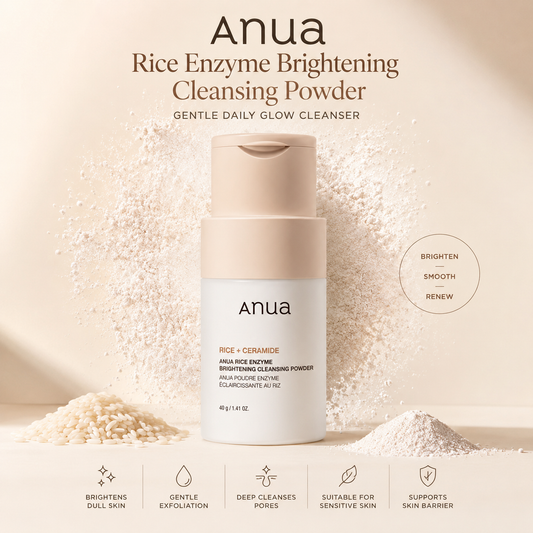 ANUA Rice Enzyme Brightening Cleansing Powder 40g on a soft beige background with rice powder texture for gentle Korean skincare cleansing and brightening.