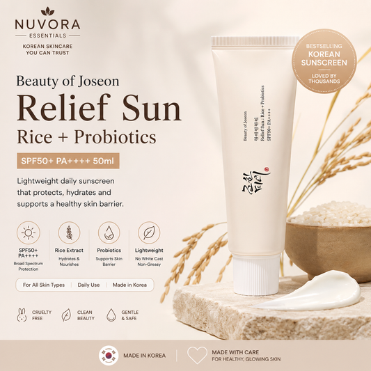 Beauty of Joseon Relief Sun Rice + Probiotics SPF50+ PA++++ Korean sunscreen displayed in a premium minimalist setting for daily UV protection and hydration.