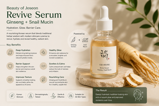 Beauty of Joseon Revive Serum benefits infographic showing hydration, glow, barrier repair, and Korean skincare ingredients including ginseng and snail mucin
