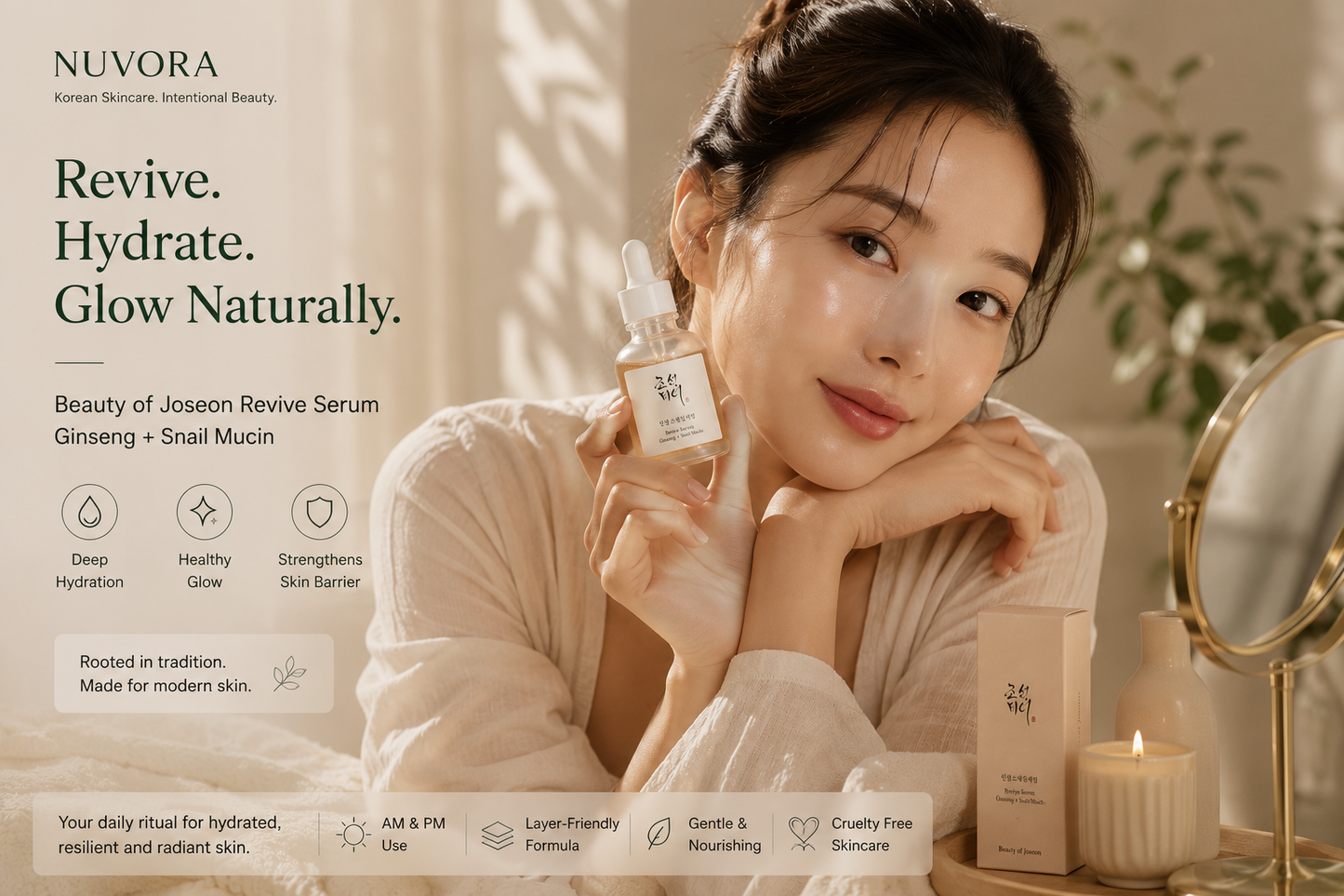 
Woman using Beauty of Joseon Revive Serum in a calming Korean skincare routine with glowing hydrated skin and soft luxury aesthetics