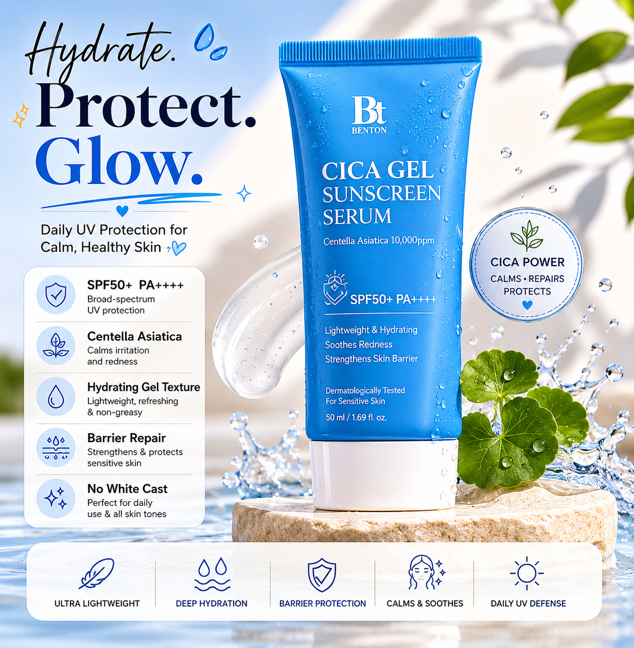 Benton Cica Gel Sunscreen Serum SPF50+ PA++++ for sensitive skin with Centella Asiatica, lightweight Korean sunscreen serum for hydration, barrier repair and daily UV protection by Nuvora.