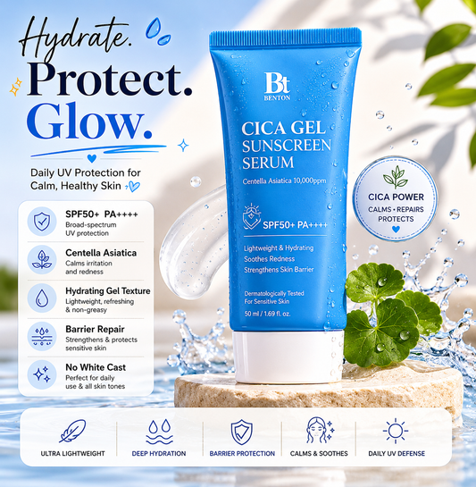 Benton Cica Gel Sunscreen Serum SPF50+ PA++++ for sensitive skin with Centella Asiatica, lightweight Korean sunscreen serum for hydration, barrier repair and daily UV protection by Nuvora.