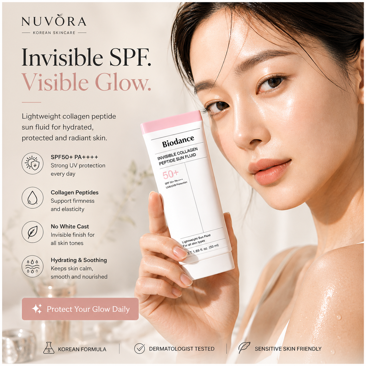 Woman holding a Biodance sun fluid with Nuvèra branding and product details.