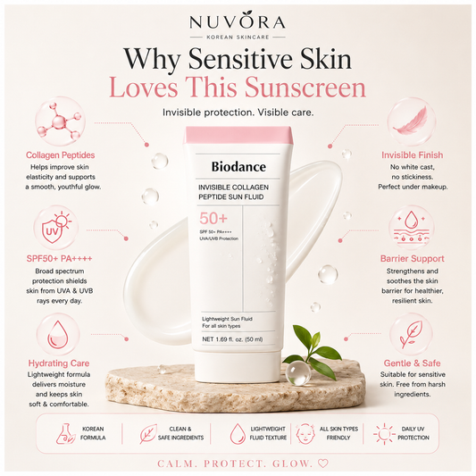 Nuvora sunscreen product with text highlighting features on a white background