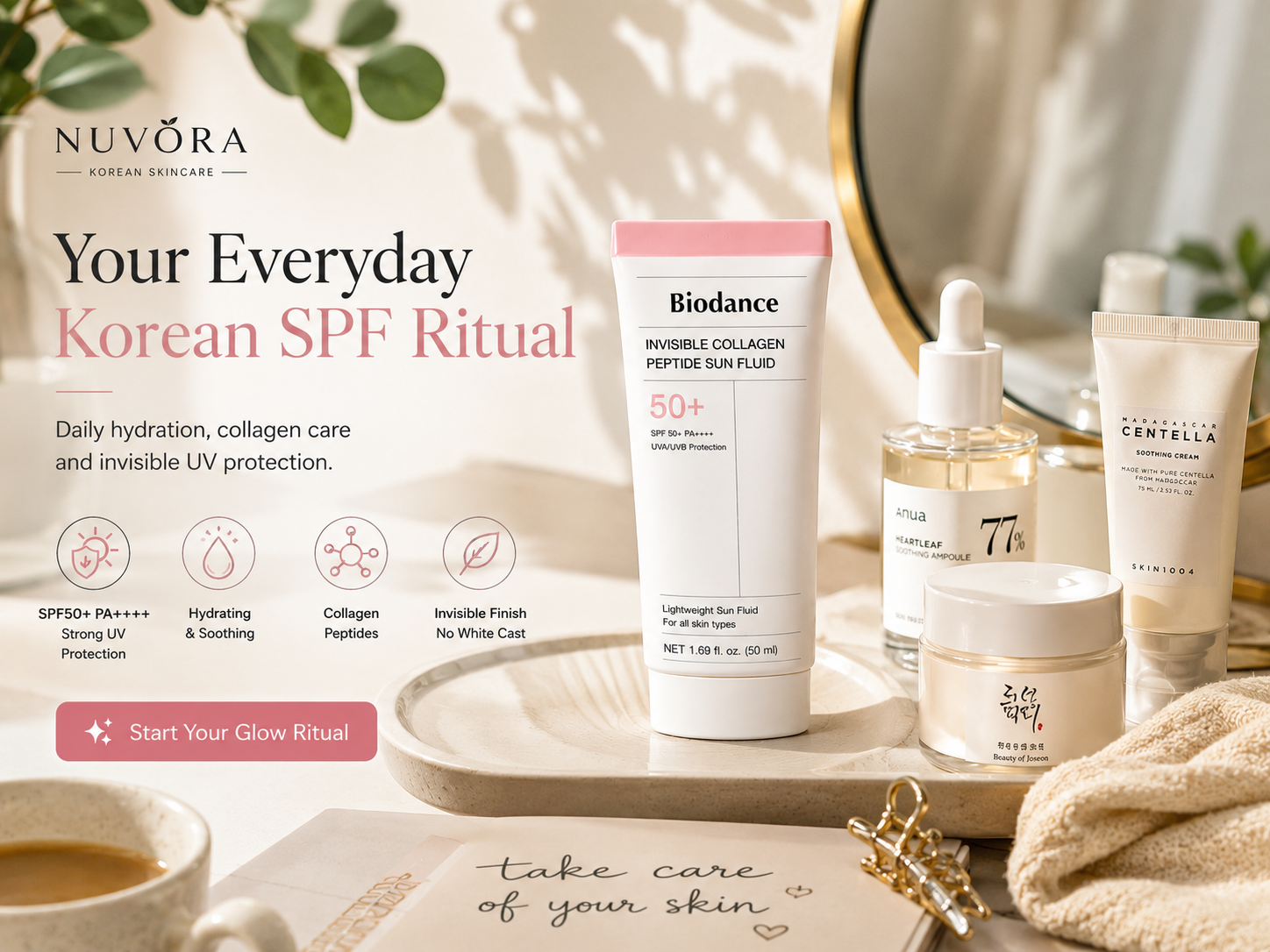 Korean skincare products on a tray with Nuvèra branding and text about an SPF ritual.