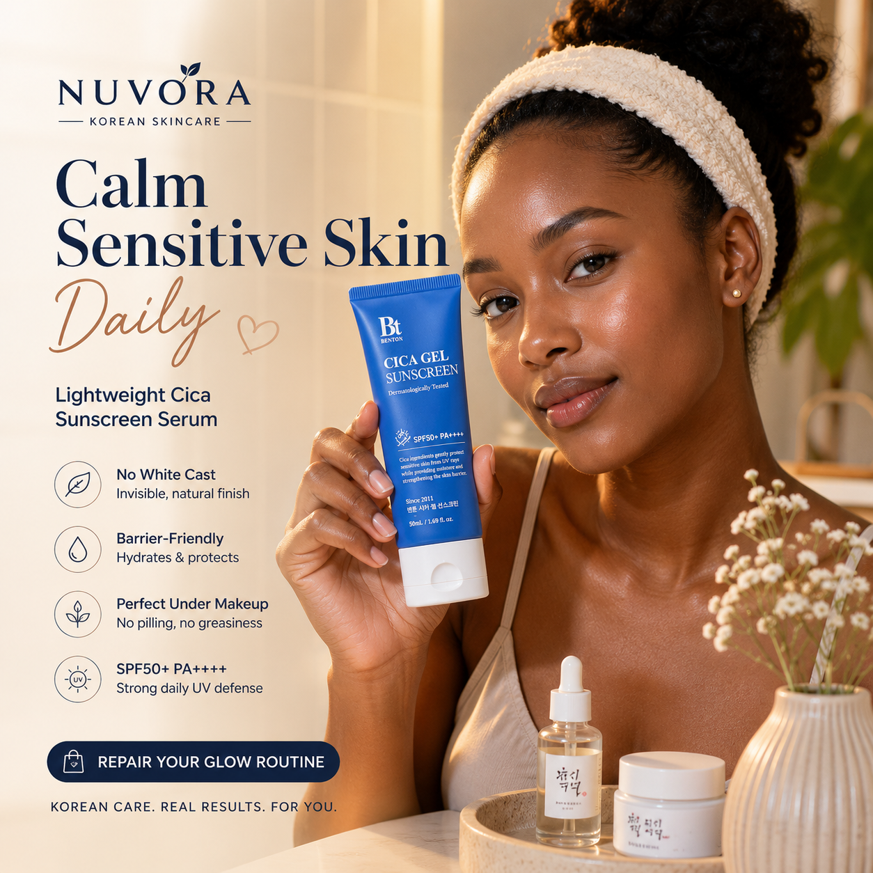 Woman holding Benton Cica Gel Sunscreen Serum SPF50+ PA++++ for sensitive skin, featuring lightweight Korean sunscreen with soothing hydration, barrier repair and daily UV protection by Nuvora.
