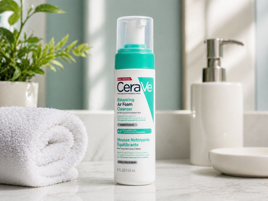 CeraVe Balancing Air Foam Cleanser on bathroom counter with towel and skincare setup for daily cleansing routine