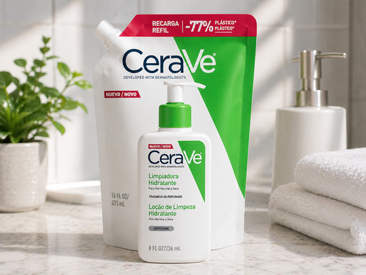 Woman using CeraVe hydrating cleanser in daily skincare routine for soft hydrated skin and gentle cleansing