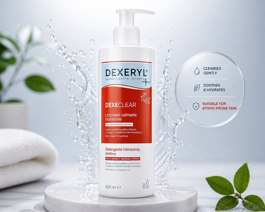 Dexeryl Dexeclear gentle hydrating cleanser for sensitive skin in premium studio setting with soft lighting and clean white background