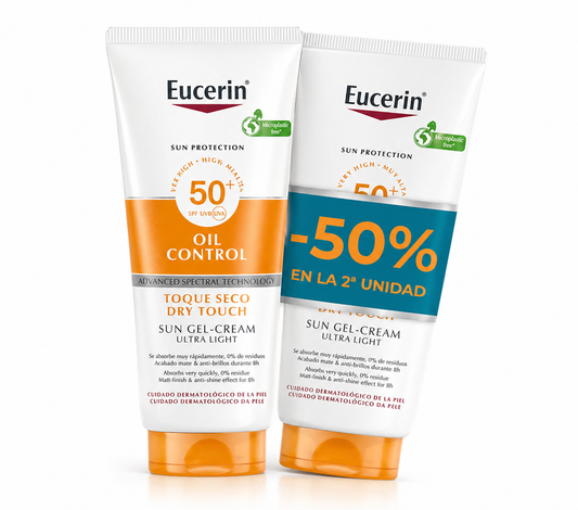 Eucerin SPF 50+ Oil Control Sun Gel Cream Ultra Light sunscreen on white background for oily and acne-prone skin