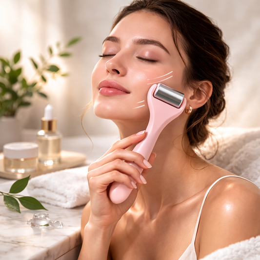 Woman using a pink facial roller for skincare routine.