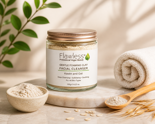 Gentle foaming clay facial cleanser with kaolin and oat for deep cleansing, exfoliation and soothing sensitive skin on a premium spa background