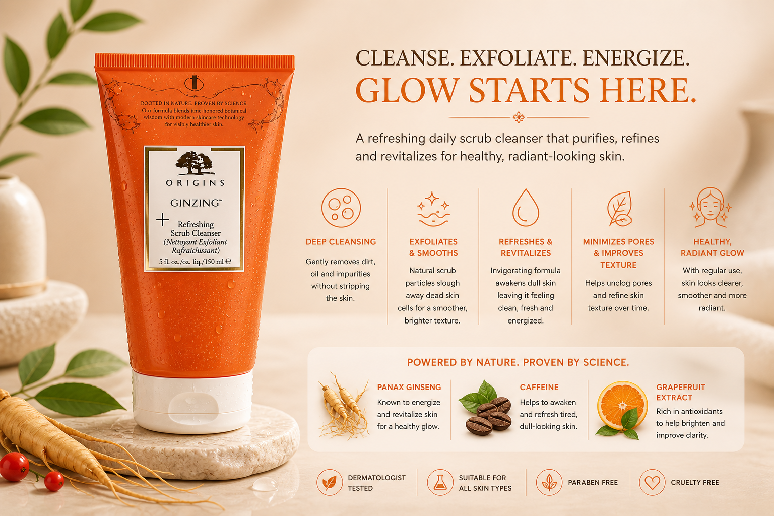 Ginseng facial cleanser benefits showing deep cleansing exfoliation smoother skin and radiant glow results