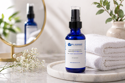Anti-aging serum in a luxury skincare routine setting with towels and mirror – firming and hydrating facial treatment