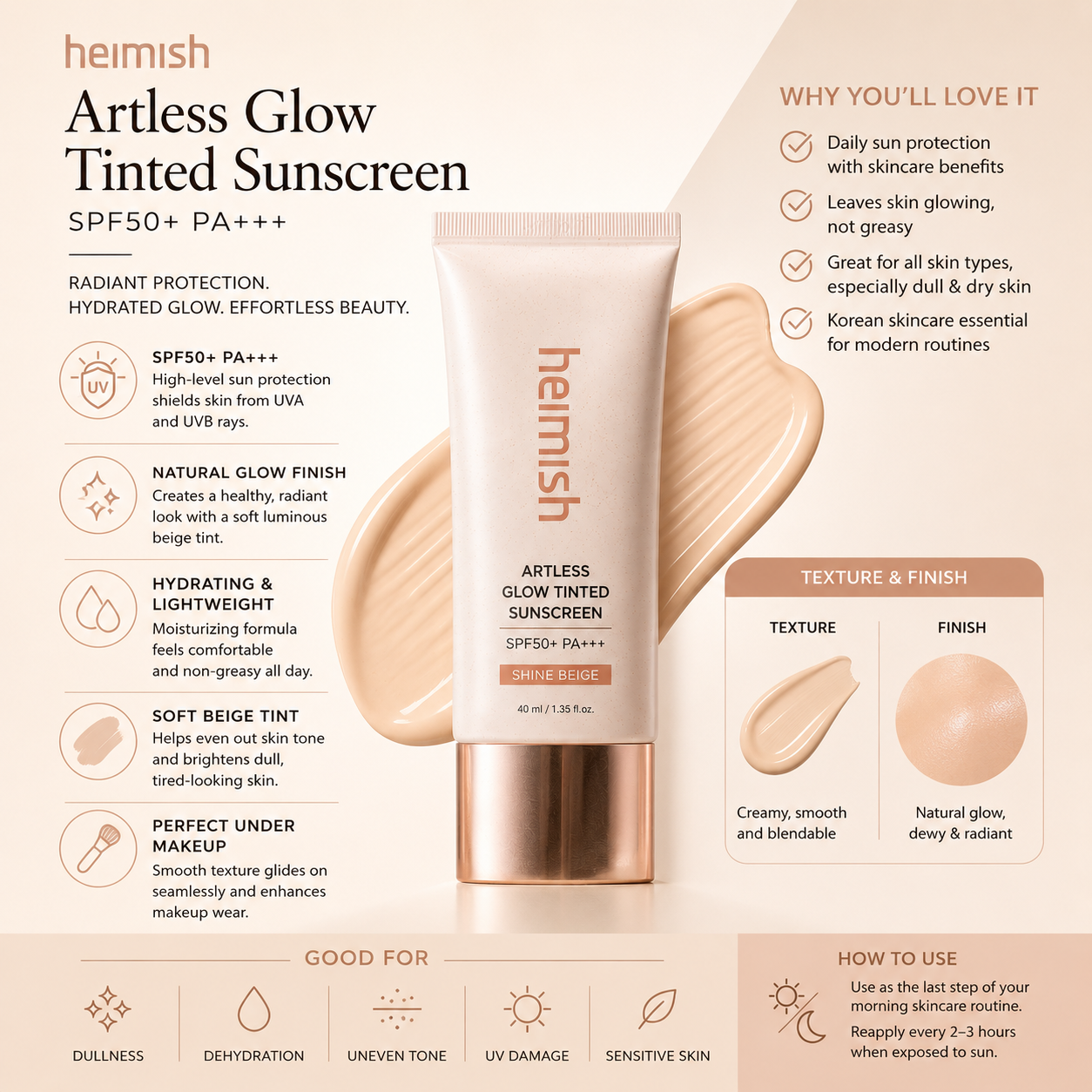 Benefits infographic for Heimish Artless Glow Tinted Sunscreen SPF50+ showing glow finish, hydration, UV protection, and lightweight Korean skincare texture