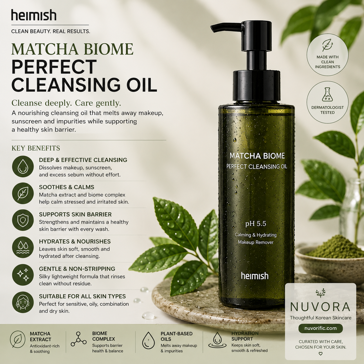 Benefits infographic for Heimish Matcha Biome Perfect Cleansing Oil 150ml highlighting deep cleansing, skin barrier support, hydration, soothing matcha biome complex and gentle makeup removal for all skin types.