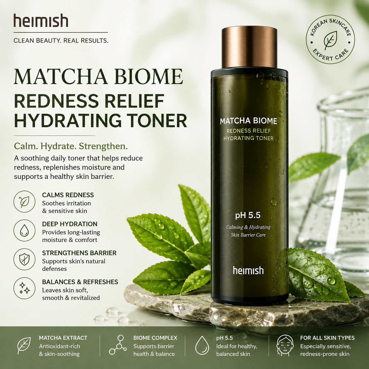 Heimish Matcha Biome Redness Relief Hydrating Toner 150ml premium Korean toner for sensitive skin, redness relief, hydration and skin barrier suppor