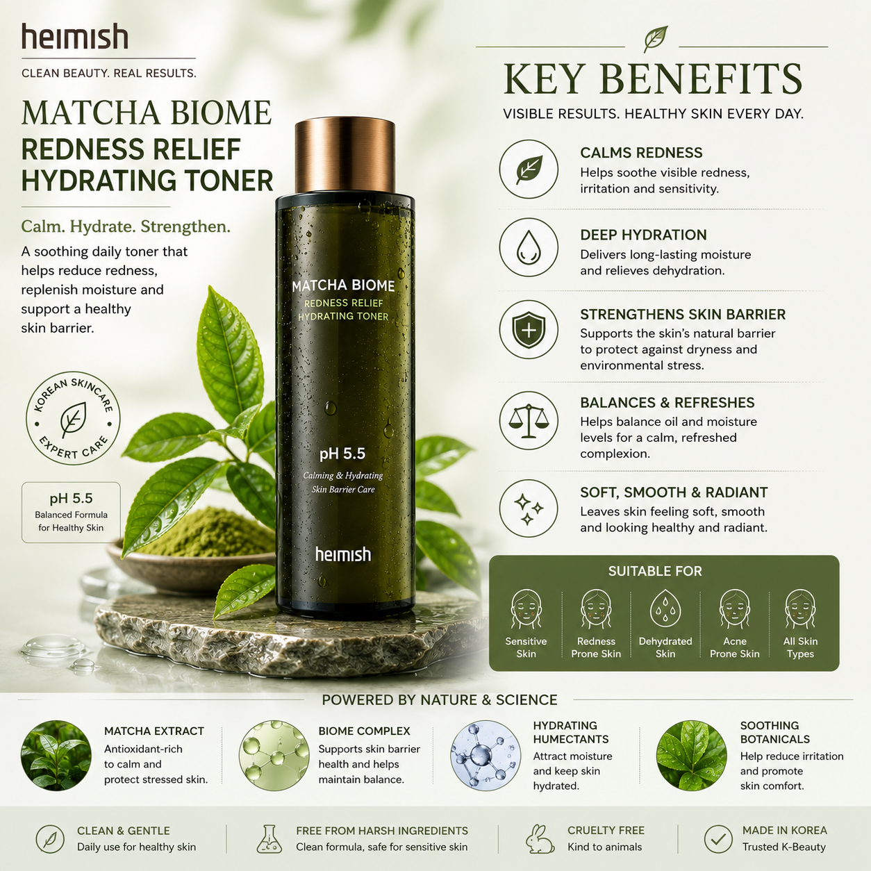 Benefits of Heimish Matcha Biome Redness Relief Hydrating Toner including redness reduction, deep hydration, skin barrier strengthening, pH balance and soothing care for sensitive skin