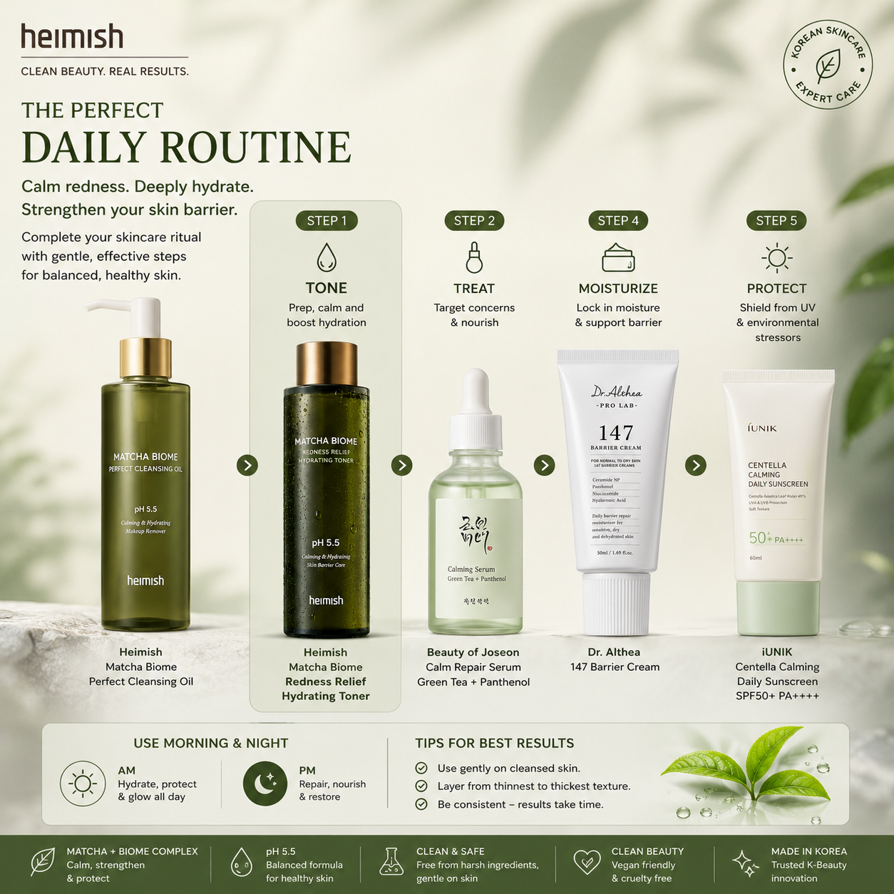 Complete Korean skincare routine featuring Heimish Matcha Biome Redness Relief Hydrating Toner with cleansing oil, serum, moisturizer and sunscreen for hydrated, healthy skin