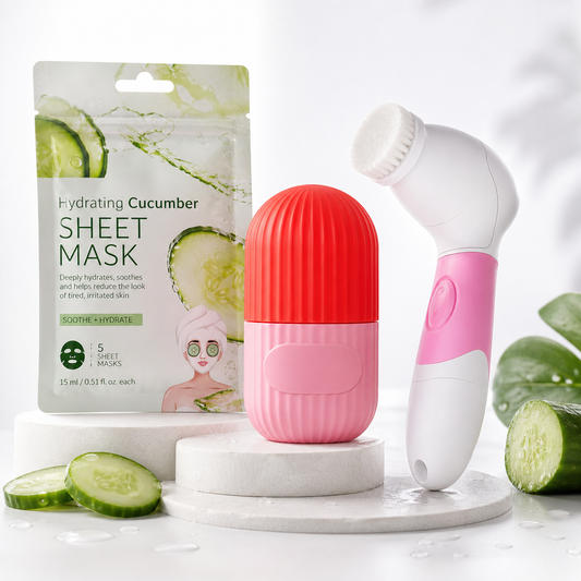 Hydrating cucumber sheet mask with facial cleansing brush and skincare device on clean white background for glowing skin routine