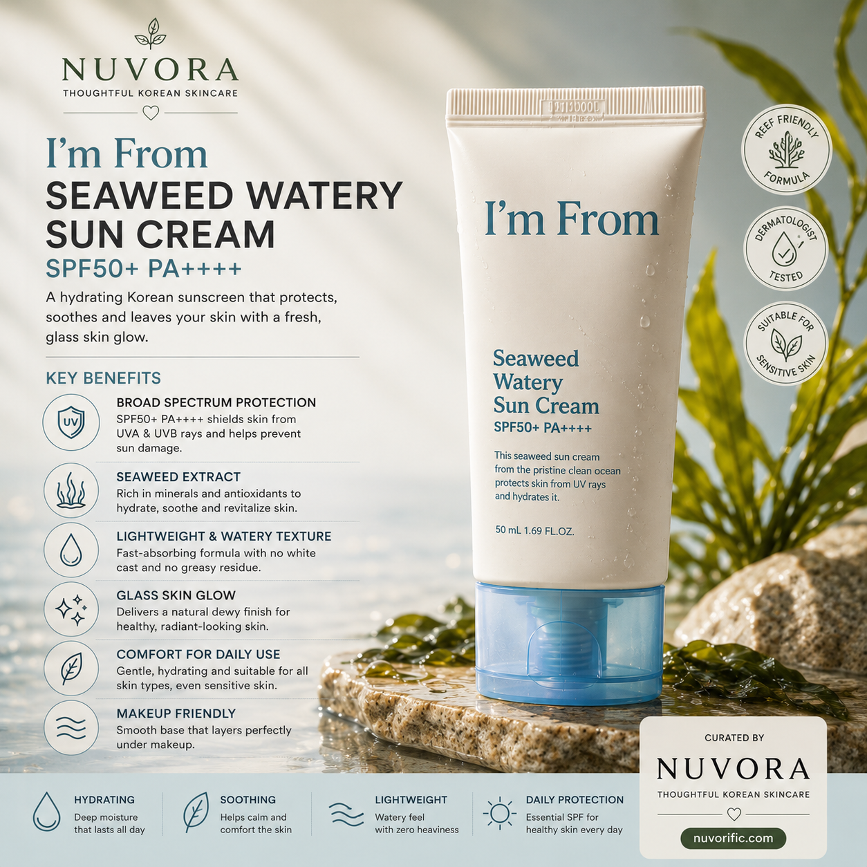 Benefits of I'm From Seaweed Watery Sun Cream SPF50+ PA++++ showing broad-spectrum UV protection, lightweight hydration, no white cast, soothing seaweed extract, and skin barrier support in a premium Nuvora skincare infographic.