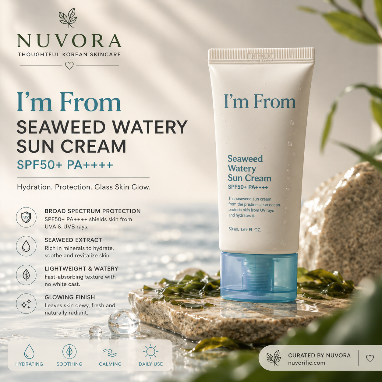 I'm From Seaweed Watery Sun Cream SPF50+ PA++++ 50ml premium Korean sunscreen with seaweed hydration on a luxury aqua background, thoughtfully curated by Nuvora for daily UV protection and healthy glowing skin.