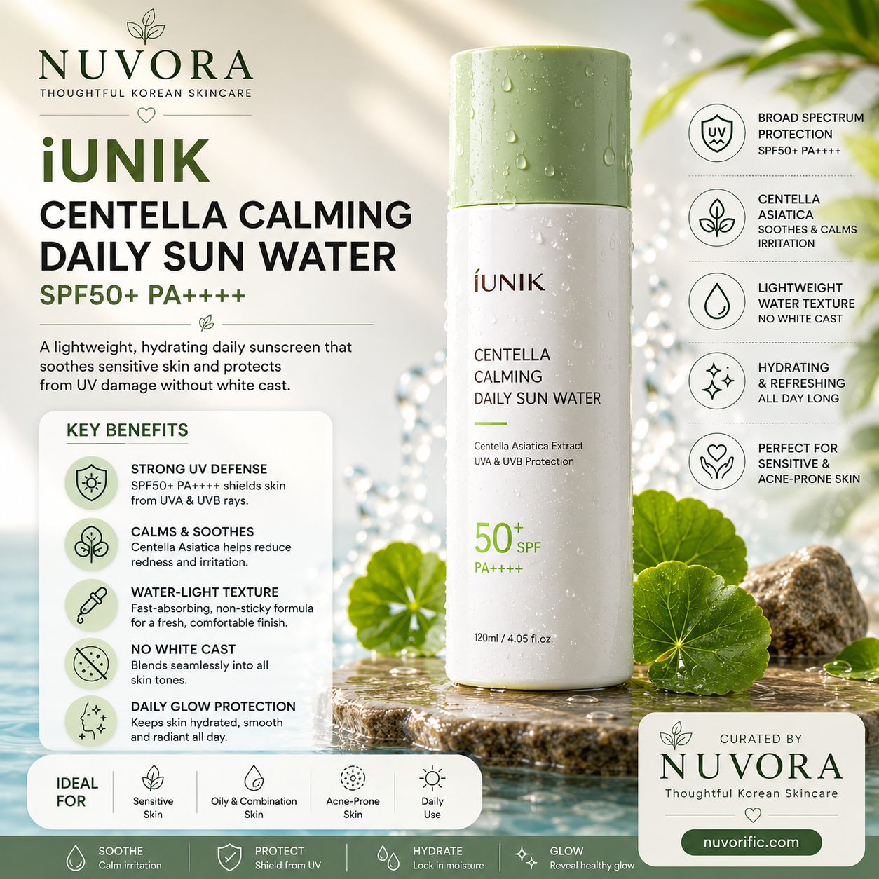 Benefits of iUNIK Centella Calming Daily Sun Water SPF50+ PA++++ featuring Centella calming care, lightweight hydration, UV protection and no white cast for sensitive skin