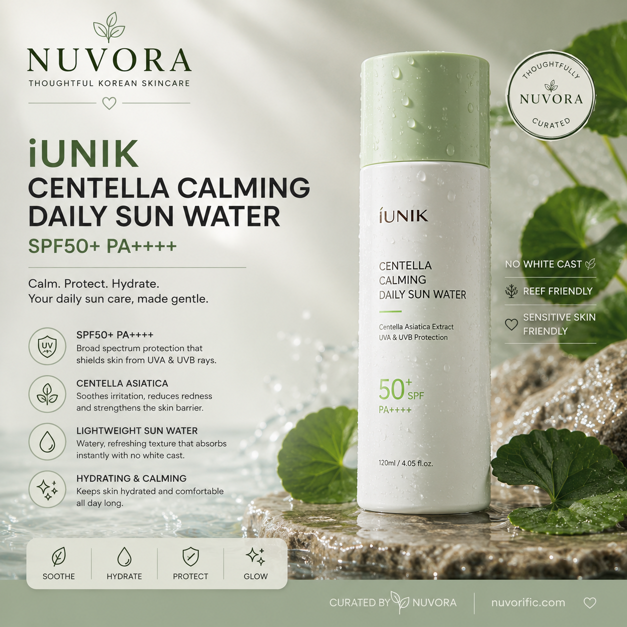 iUNIK Centella Calming Daily Sun Water SPF50+ PA++++ 120ml premium Korean sunscreen with Centella Asiatica displayed in a luxury Nuvora skincare setting