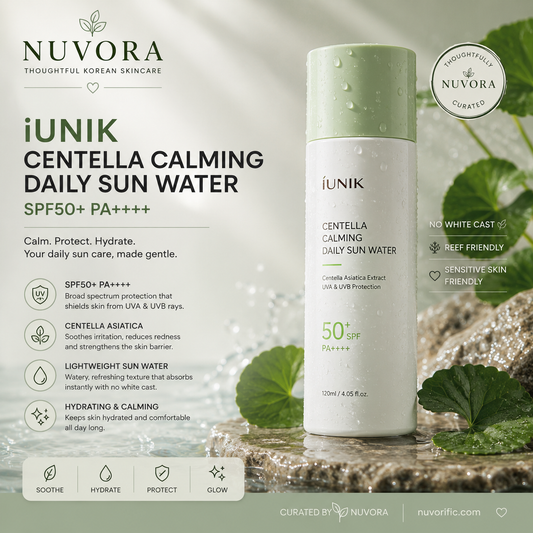 iUNIK Centella Calming Daily Sun Water SPF50+ PA++++ 120ml premium Korean sunscreen with Centella Asiatica displayed in a luxury Nuvora skincare setting