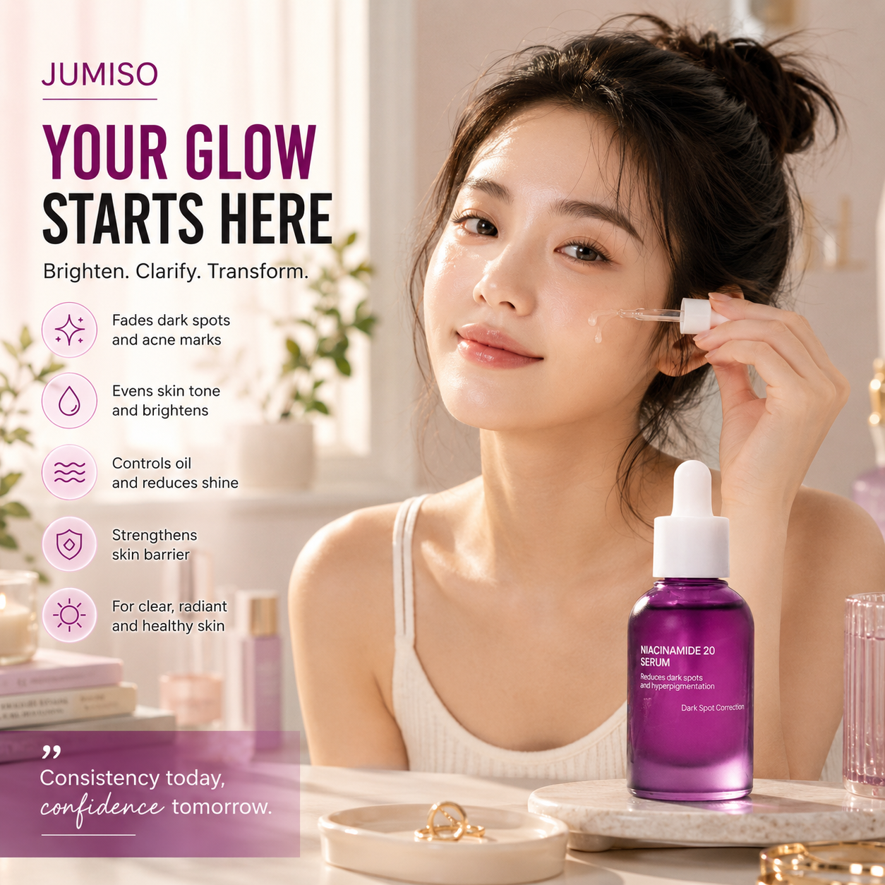 Lifestyle skincare image featuring JUMISO Niacinamide 20 Serum in a modern Korean glow skincare routine setting