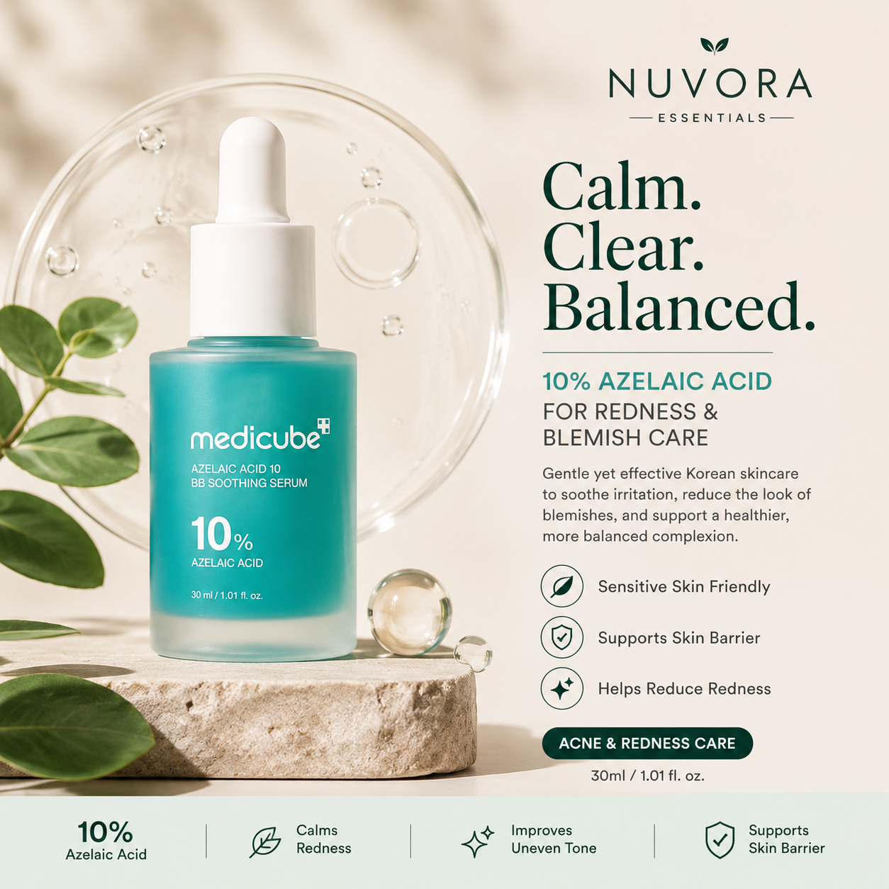 Medicube Azelaic Acid 10 BB Soothing Serum 30ml displayed in a premium skincare setting with botanical accents, helping calm redness, support the skin barrier, and improve uneven skin tone.