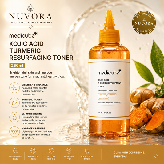 Medicube Kojic Acid Turmeric Resurfacing Toner 250ml premium Korean brightening toner displayed with elegant golden turmeric-inspired background and Nuvora branding.
Benefits Image