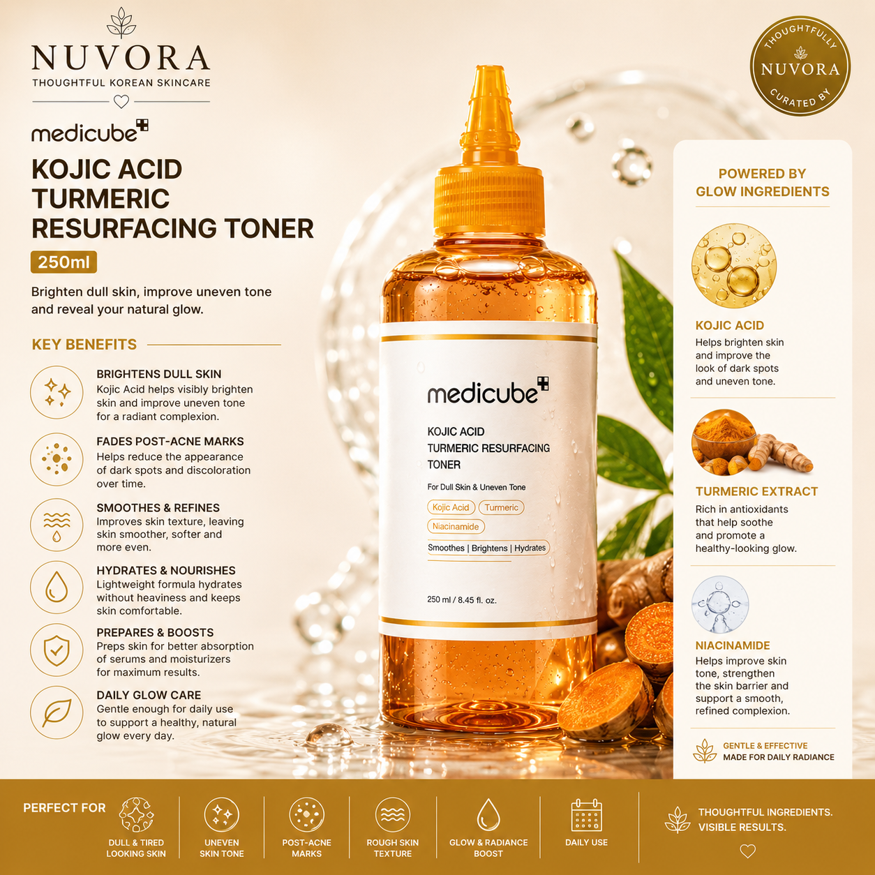 Benefits of Medicube Kojic Acid Turmeric Resurfacing Toner showing brightening, uneven skin tone correction, gentle exfoliation, hydration, and radiant glow with Nuvora branding.
Routine Image
