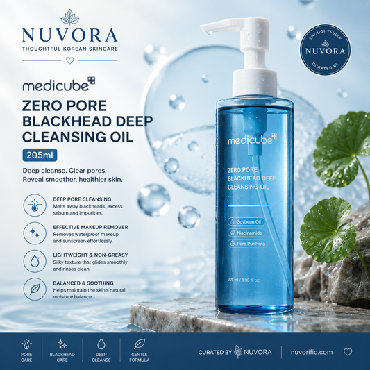 Medicube Zero Pore Blackhead Deep Cleansing Oil 205ml displayed in a premium blue water-inspired setting with subtle Nuvora branding, highlighting deep pore cleansing and blackhead care.