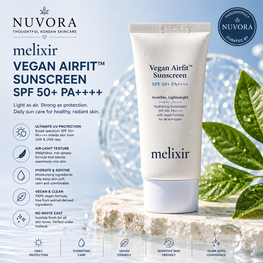 Melixir Vegan Airfit Sunscreen SPF50+ PA++++ premium hero image featuring lightweight Korean sunscreen with Nuvora branding, clean blue aesthetic, and daily UV protection for sensitive skin.