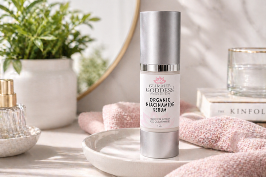 Niacinamide serum in a natural skincare routine setting with towel and plants for glowing healthy skin lifestyle
