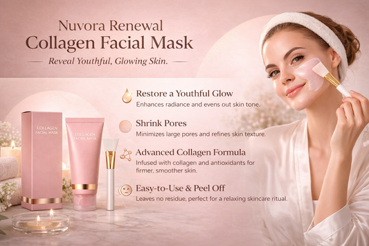 Benefits of collagen renewal facial mask showing glowing skin pore reduction and hydration effects