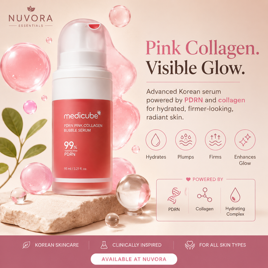 
Medicube PDRN Pink Collagen Bubble Serum 95ml hero image featuring premium Korean skincare for hydration, firming, collagen support and radiant glow at Nuvora Essentials
