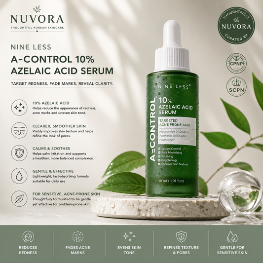
NINE LESS A-Control 10% Azelaic Acid Serum 30ml by Nuvora Essentials displayed in a premium skincare setting for redness, acne marks and uneven skin tone care.