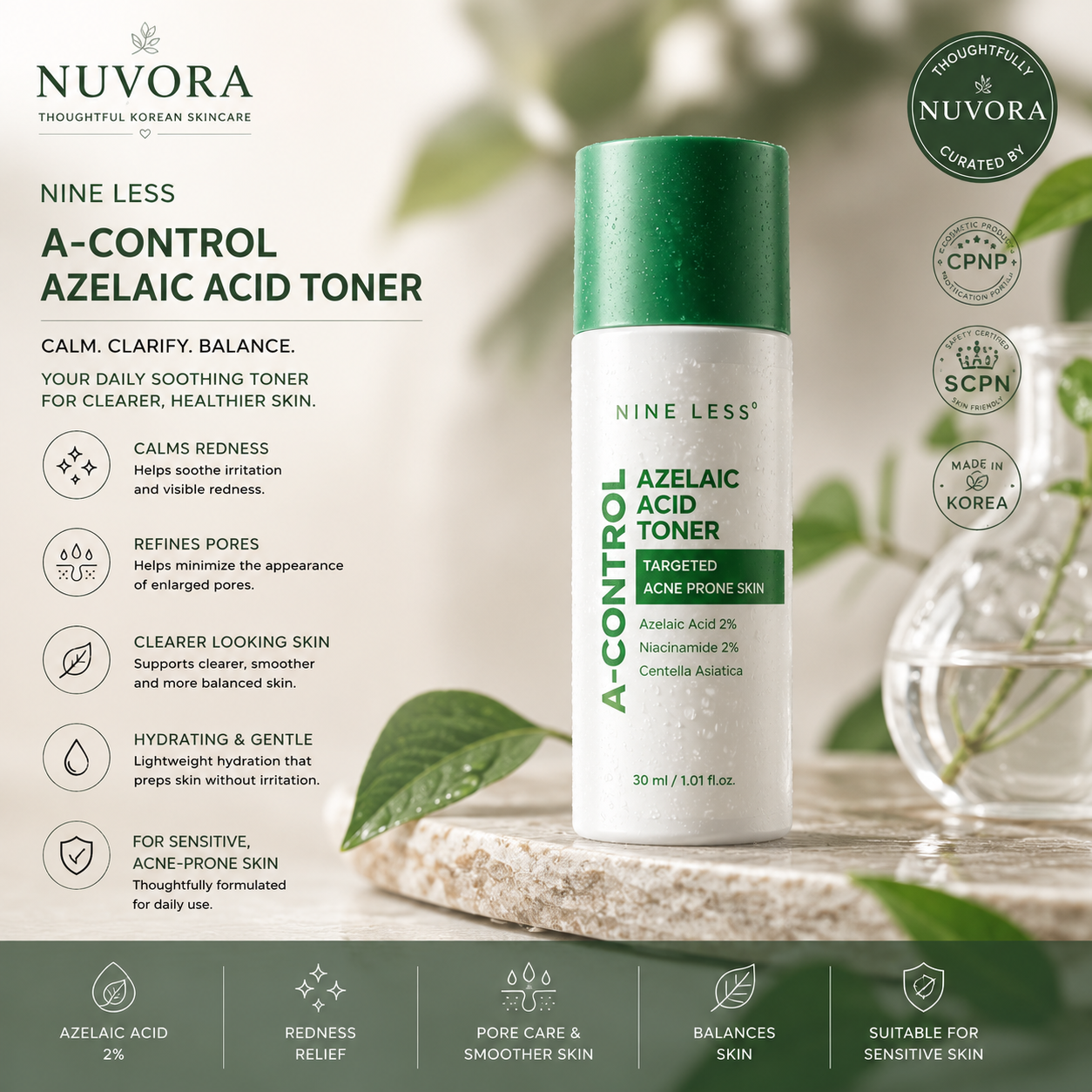 NINE LESS A-Control Azelaic Acid Toner Mini 30ml displayed in a premium Korean skincare setting for acne-prone, sensitive and redness-prone skin