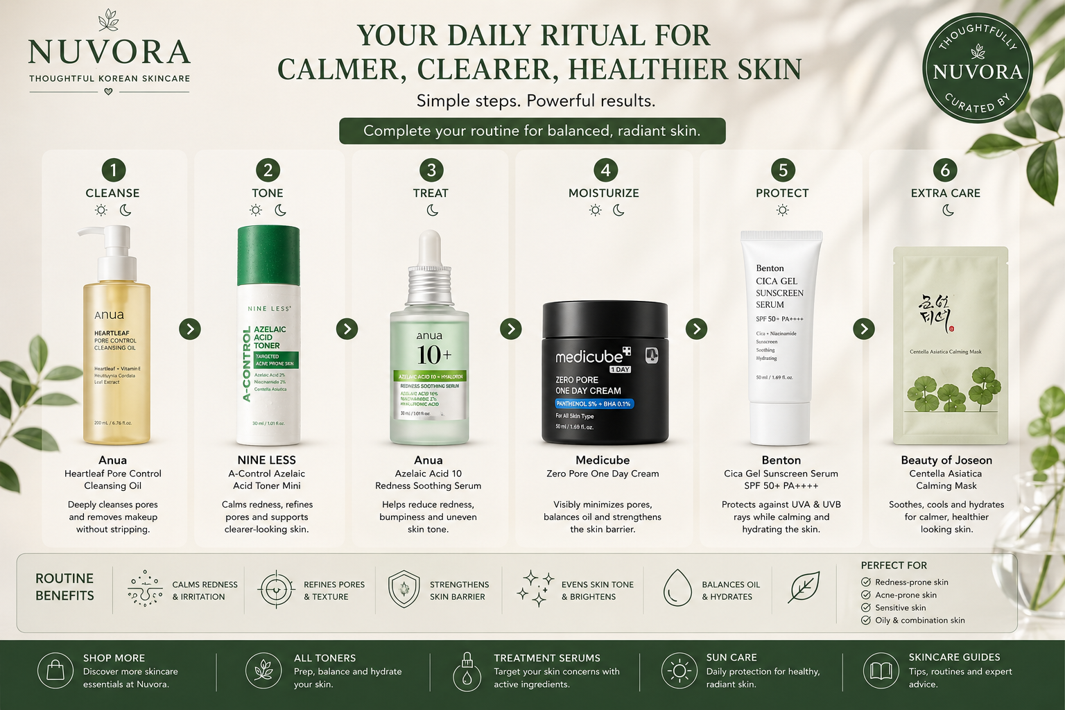 Daily Korean skincare routine featuring NINE LESS A-Control Azelaic Acid Toner Mini 30ml for calming redness, balancing oil and improving skin texture