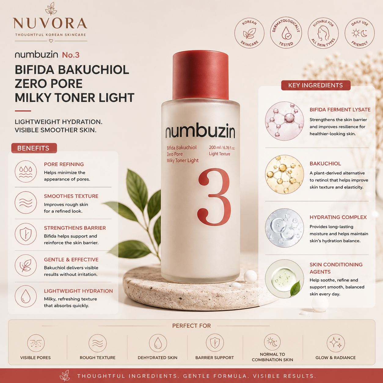 Benefits infographic for Numbuzin No.3 Bifida Bakuchiol Zero Pore Milky Toner Light showing pore care, skin texture improvement, hydration, barrier strengthening and key ingredients including bifida ferment lysate and bakuchiol.