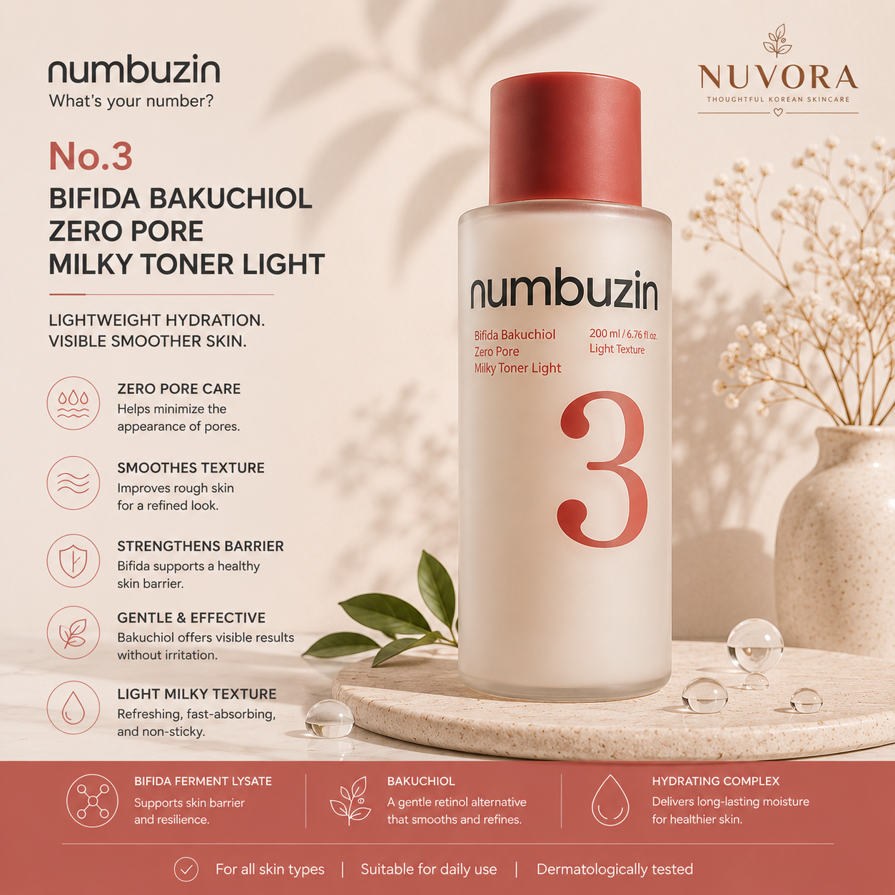 Numbuzin No.3 Bifida Bakuchiol Zero Pore Milky Toner Light 200ml displayed in a premium Nuvora Korean skincare hero banner highlighting pore refinement, hydration and skin barrier support.