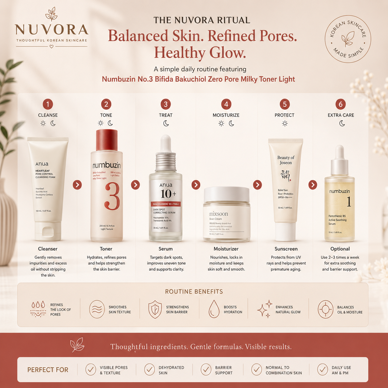  Complete Korean skincare routine featuring Numbuzin No.3 Bifida Bakuchiol Zero Pore Milky Toner Light as the toning step for refined pores, balanced skin, hydration and a healthy glow