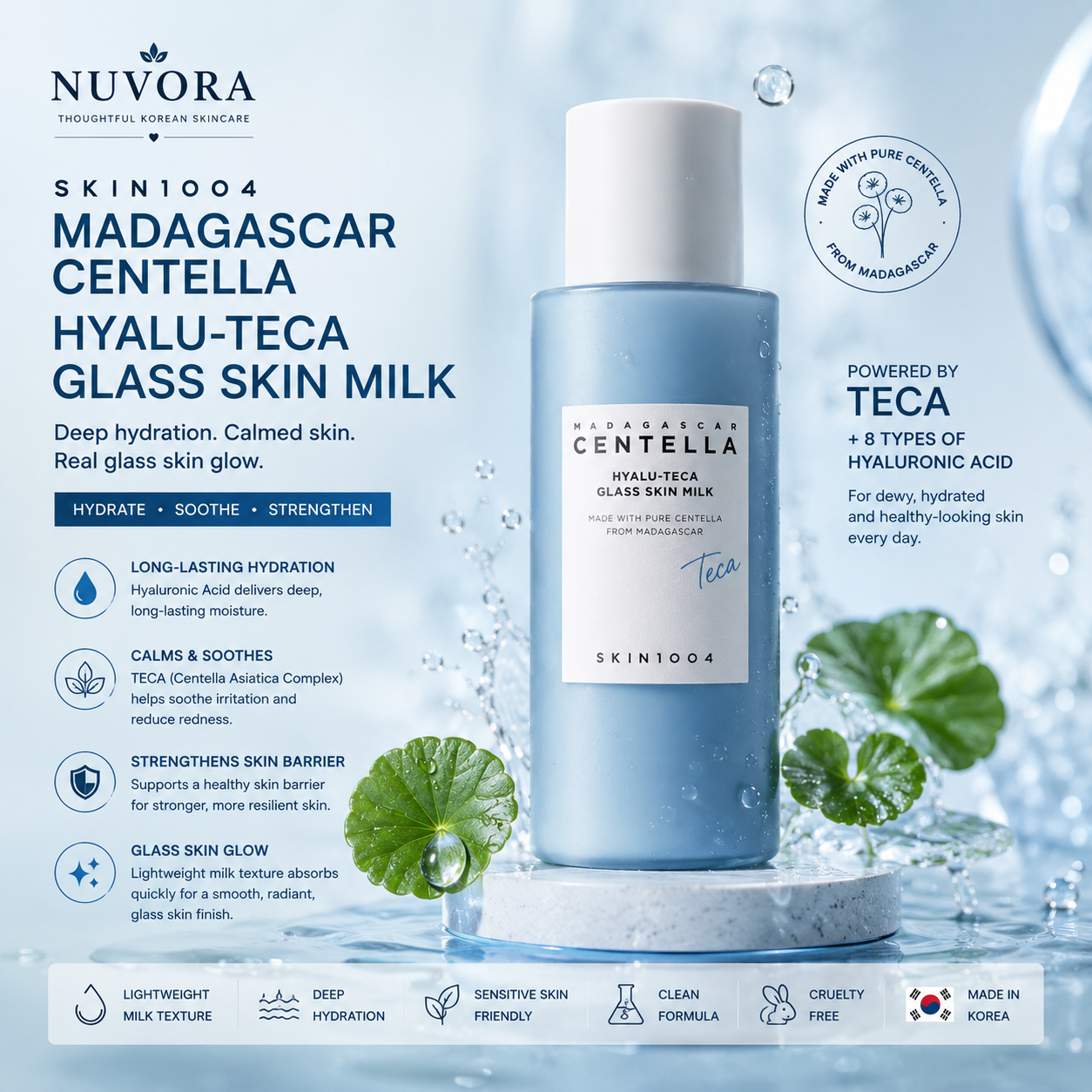 SKIN1004 Madagascar Centella Hyalu-Teca Glass Skin Milk 210ml displayed in a premium blue hydration-themed setting with Nuvora branding, showcasing lightweight moisture, barrier repair, and glass skin benefits