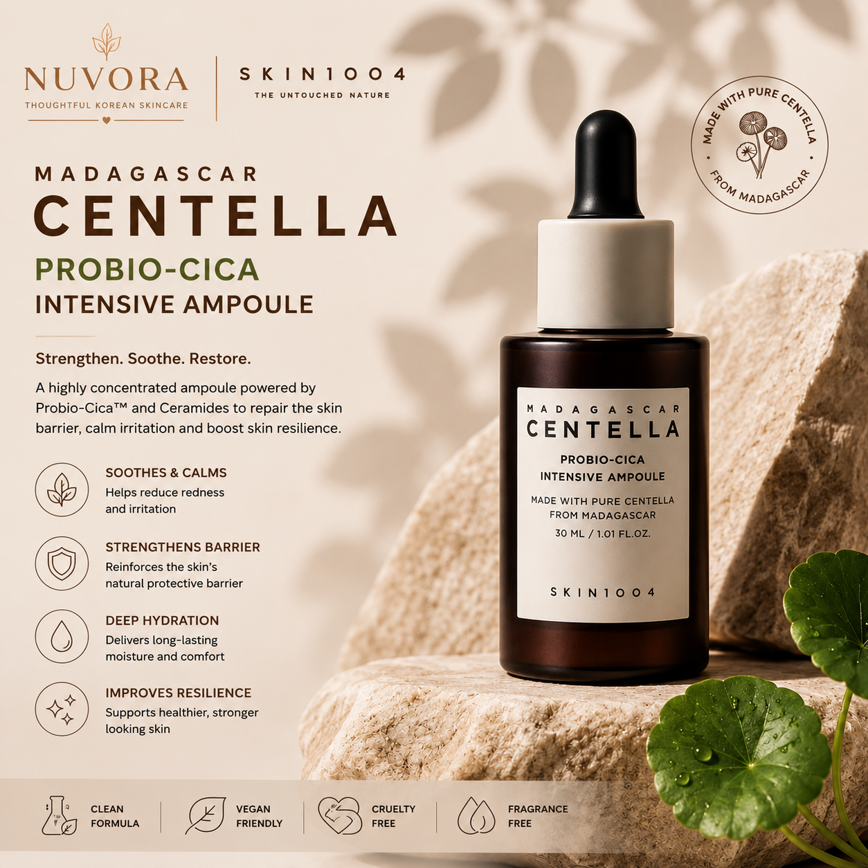 SKIN1004 Madagascar Centella Probio-Cica Intensive Ampoule 30ml displayed on natural stone with Centella leaves, highlighting barrier repair, hydration and soothing care at Nuvora.