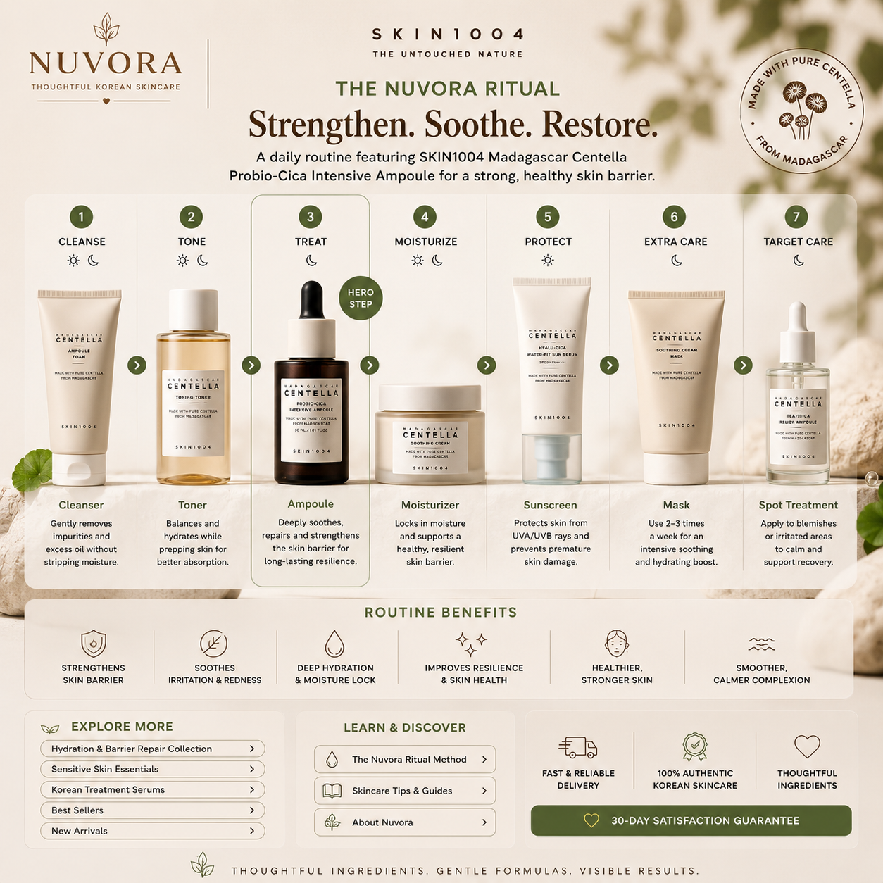 Nuvora skincare routine featuring SKIN1004 Madagascar Centella Probio-Cica Intensive Ampoule as the treatment step alongside cleanser, toner, moisturizer, sunscreen and mask for healthy glowing skin.