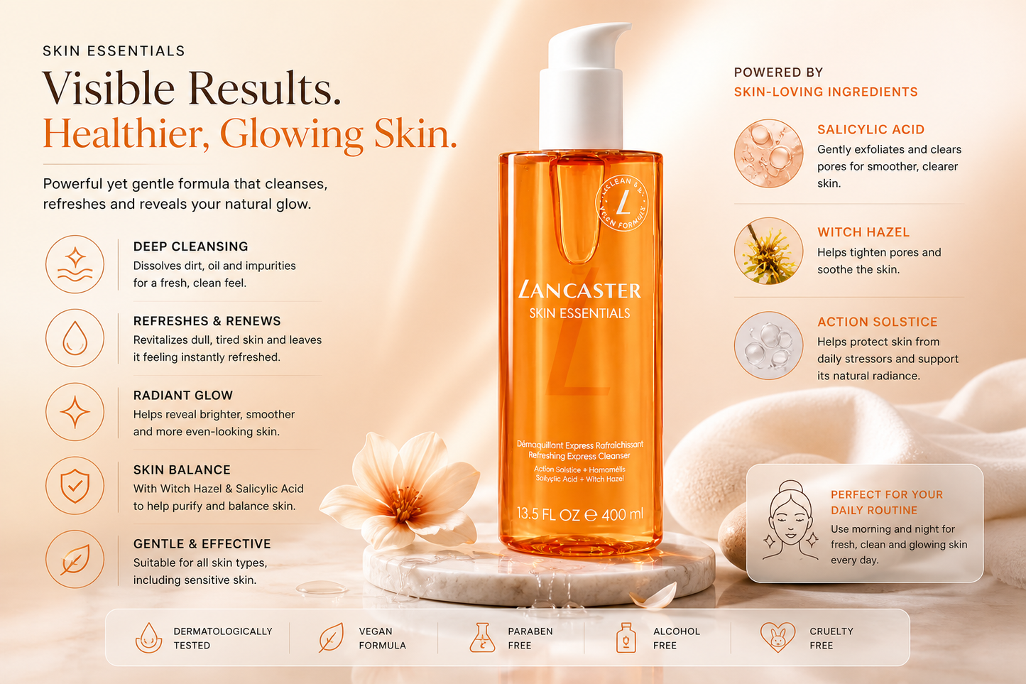 
Premium facial cleanser showing glowing skin benefits, hydration, deep cleansing and healthy skincare routine results