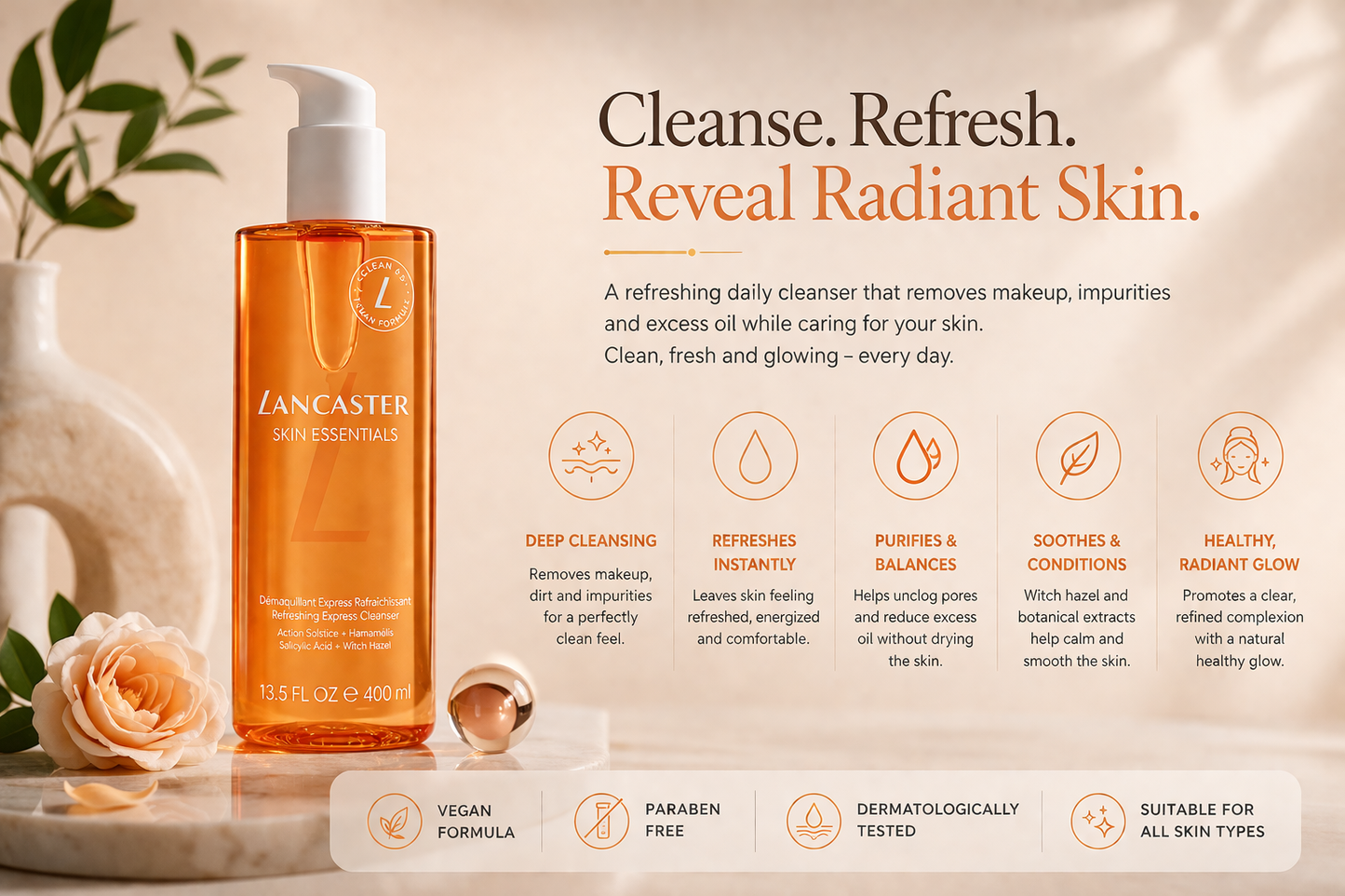 Premium skincare cleanser in spa setting showing glowing skin routine and daily cleansing benefits